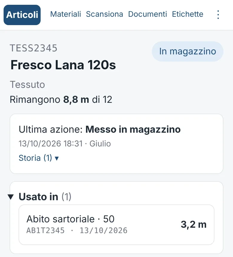 Scheda di un rotolo di tessuto: rimangono 8,8 m di 12, usato in un abito per 3,2 m