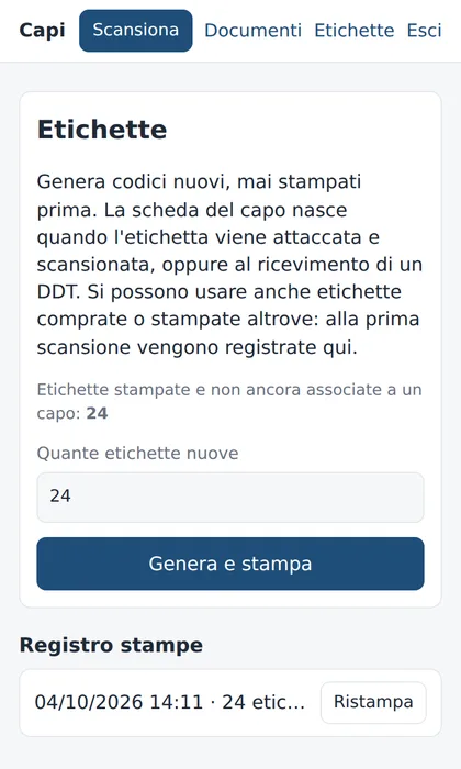 Pagina Etichette: generazione di nuovi codici QR e registro delle stampe