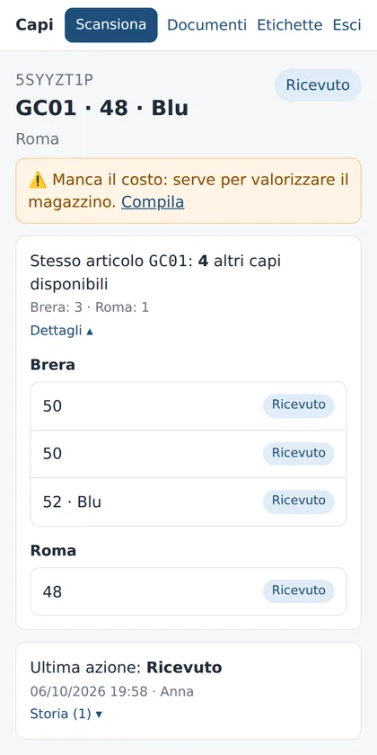 Scheda di un capo con avviso costo mancante e pannello Stesso articolo con i capi disponibili per punto vendita